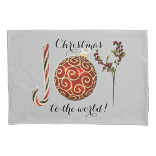 Joy word art candy cane ornament and holly pillowcase