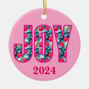 JOY Word Art in Fuchsia Pink and Teal Ceramic Tree Decoration