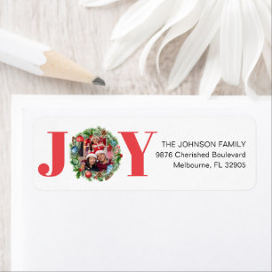 JOY Wreath Christmas Photo Return Address Label