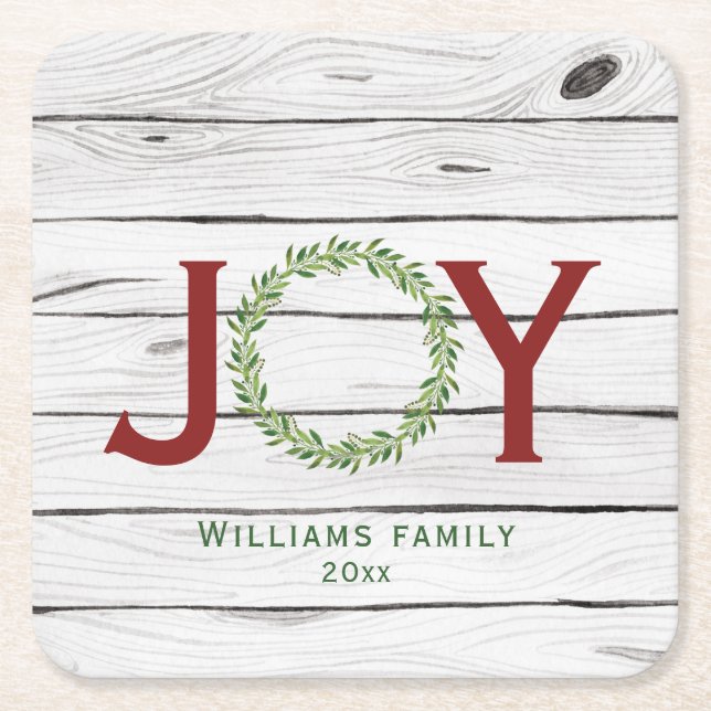 Joy  Wreath Family Christmas   Square Paper Coaster (Front)