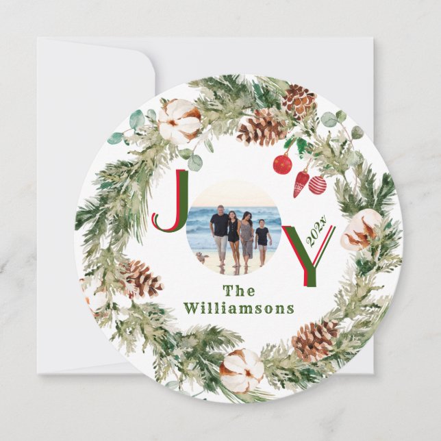 JOY Wreath Green Red Letters Photo Christmas  Holiday Card (Front)