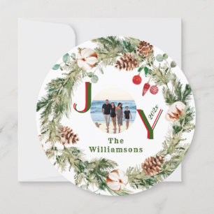 JOY Wreath Green Red Letters Photo Christmas  Holiday Card