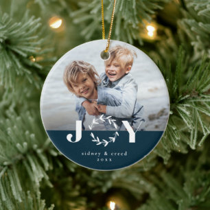 Joy wreath holiday photo ceramic tree decoration