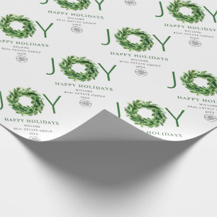 Joy Wreath Holly Berry Pine Forest Christmas Wrapping Paper
