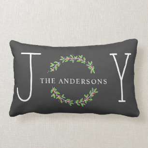 Joy Wreath Modern Monogram Christmas Holiday Lumbar Cushion