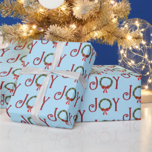 Joy Wreath On Blue Wrapping Paper