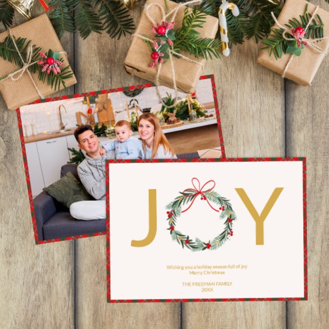 JOY Wreath Photo Christmas Card with Plaid Trim  (Joy Typography Christmas Card)