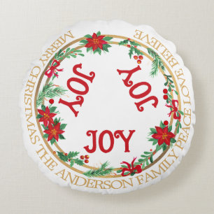 Joy Wreath Red Green Gold Vintage Merry Christmas Round Cushion