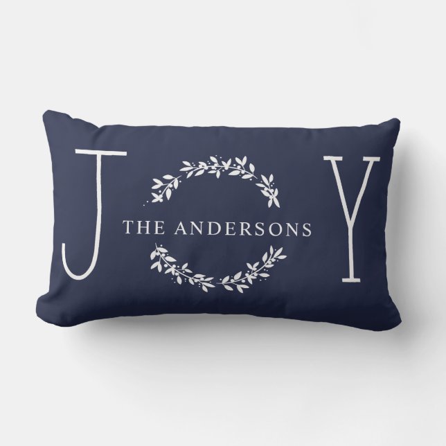 Joy Wreath White Modern Monogram Christmas Holiday Lumbar Cushion (Front)