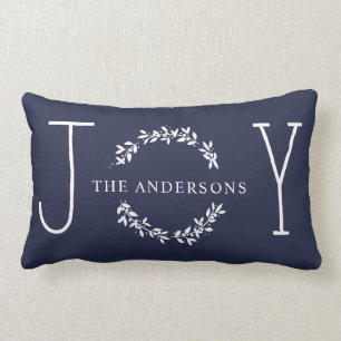 Joy Wreath White Modern Monogram Christmas Holiday Lumbar Cushion