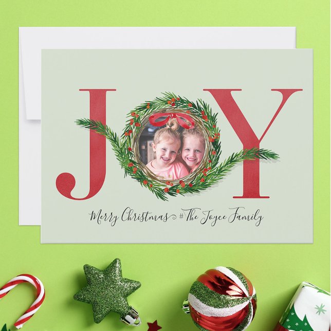 Joy Wreath with Red Berries Photo Christmas Card (Creator Uploaded)