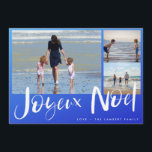 Joyeaux Noel Beach Family Photo Christmas Card<br><div class="desc">Joyeux Noel French Christmas greeting card in a blue ombre beach-inspired three photo design. Customised with three of your photos and your family's name. This beach Christmas card reverses to a blue ombre and white nautical stripe design on the back.</div>