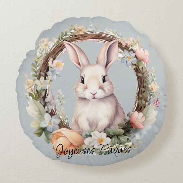 Joyeuses Pâques Easter Bunny In A Floral Wreath Round Cushion (Front)