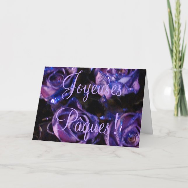 Joyeuses Pâques French Easter Purple Roses Flowers Holiday Card (Front)