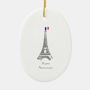 Joyeux Anniversaire Eiffel Tower French Birthday Ceramic Tree Decoration