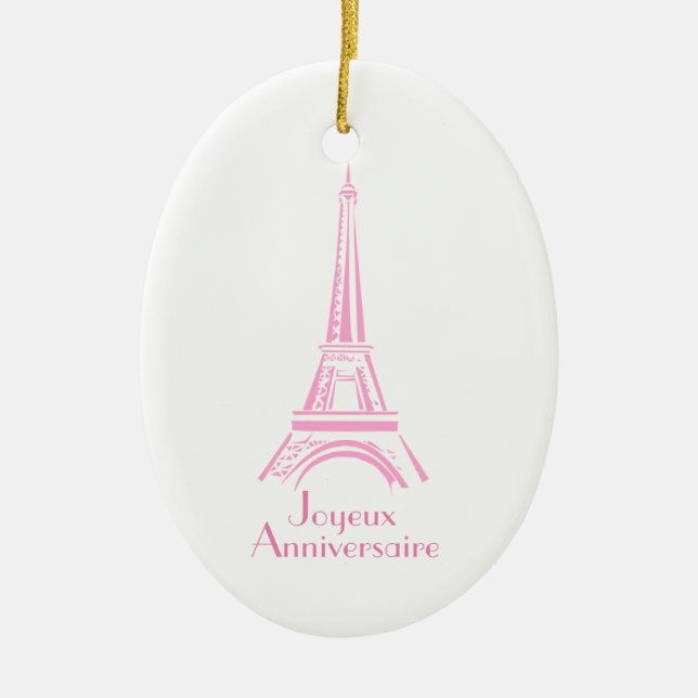 Joyeux Anniversaire Eiffel Tower French Birthday Ceramic Tree Decoration (Front)