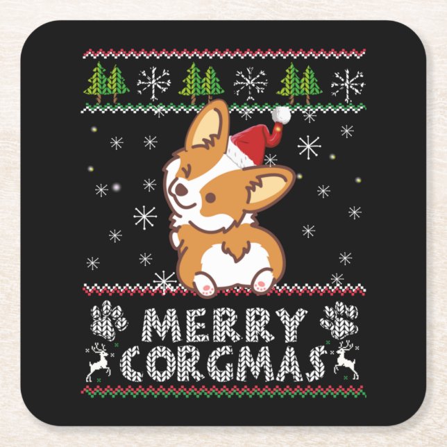 Joyeux Corgmas Noel Corgi Square Paper Coaster (Front)