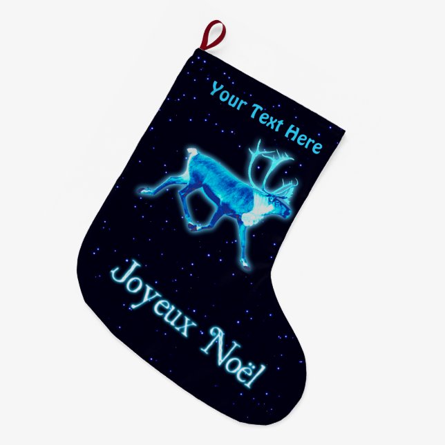 Joyeux Noёl - Blue Caribou (Reindeer) Large Christmas Stocking (Front (Hanging))