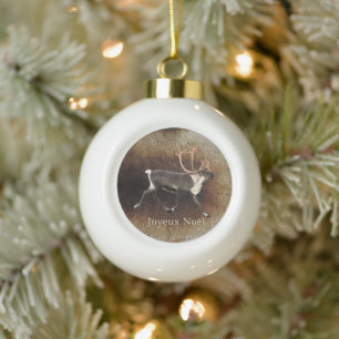 Joyeux Noёl - Bull Caribou (Reindeer) Ceramic Ball Christmas Ornament