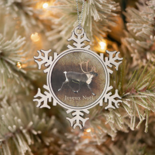 Joyeux Noёl - Bull Caribou (Reindeer) Snowflake Pewter Christmas Ornament