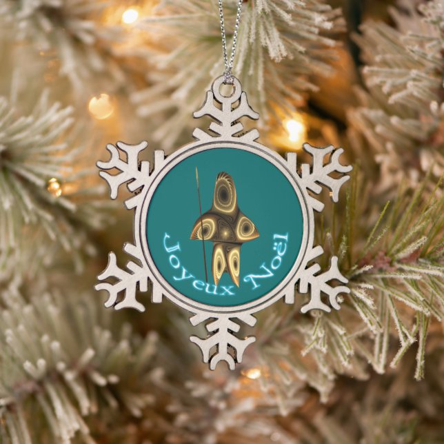 Joyeux Noёl - Fractal Inuit Hunter Snowflake Pewter Christmas Ornament (Tree)