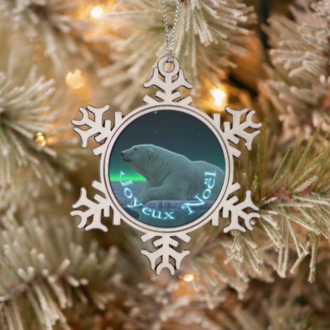 Joyeux Noёl - Ice Edge Polar Bear Snowflake Pewter Christmas Ornament (Tree)
