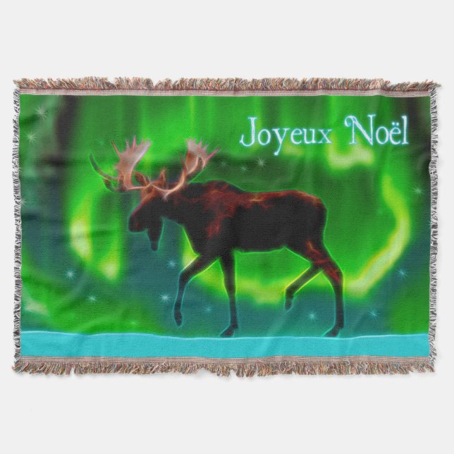 Joyeux Noёl - Northern Lights Moose Throw Blanket (Front)