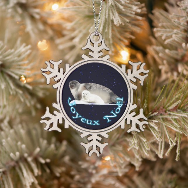 Joyeux Noёl - Ringed Seal Snowflake Pewter Christmas Ornament (Tree)