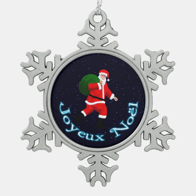 Joyeux Noёl - Santa Claus Snowflake Pewter Christmas Ornament (Front)
