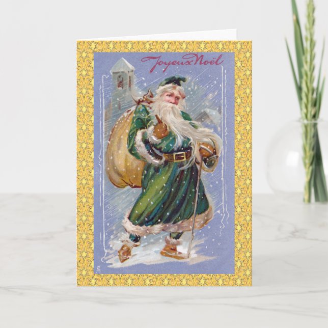 Joyeux Noel aka Merry Christmas Green Santa Claus Holiday Card (Front)