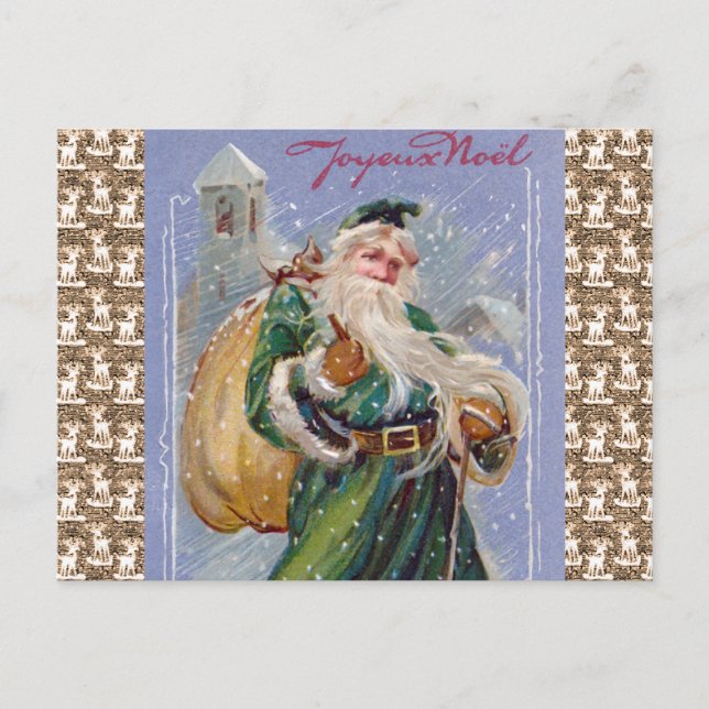 Joyeux Noel aka Merry Christmas Green Santa Claus Holiday Postcard (Front)