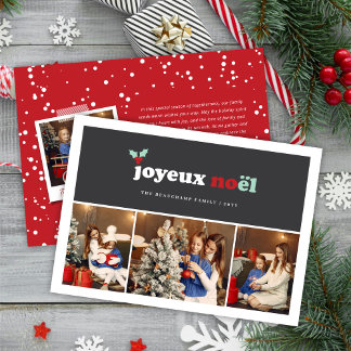 Joyeux Noel Bold Typography Mistletoe 3 Photo Holiday Card