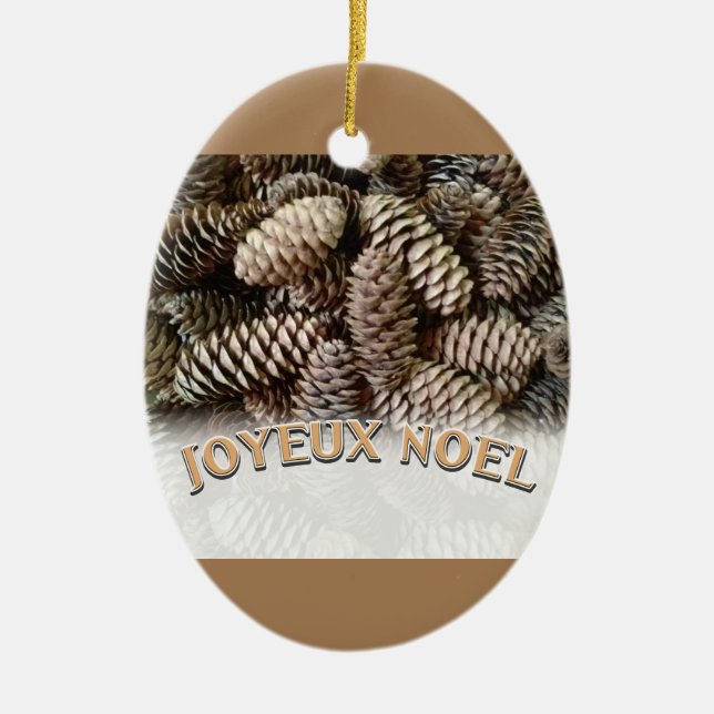 Joyeux Noel Christmas Holiday Pine Cone Ceramic Tree Decoration (Front)