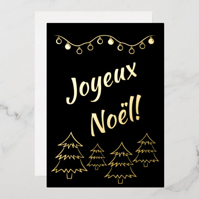 Joyeux Noel Christmas Lights Xmas Tree Black Foil Holiday Card (Front/Back)