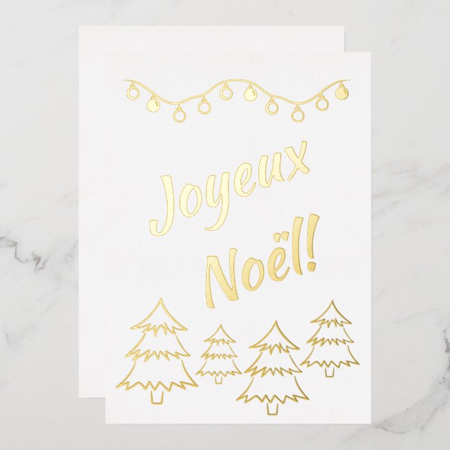 Joyeux Noel Christmas Lights Xmas Tree White Foil Holiday Card (Front/Back)