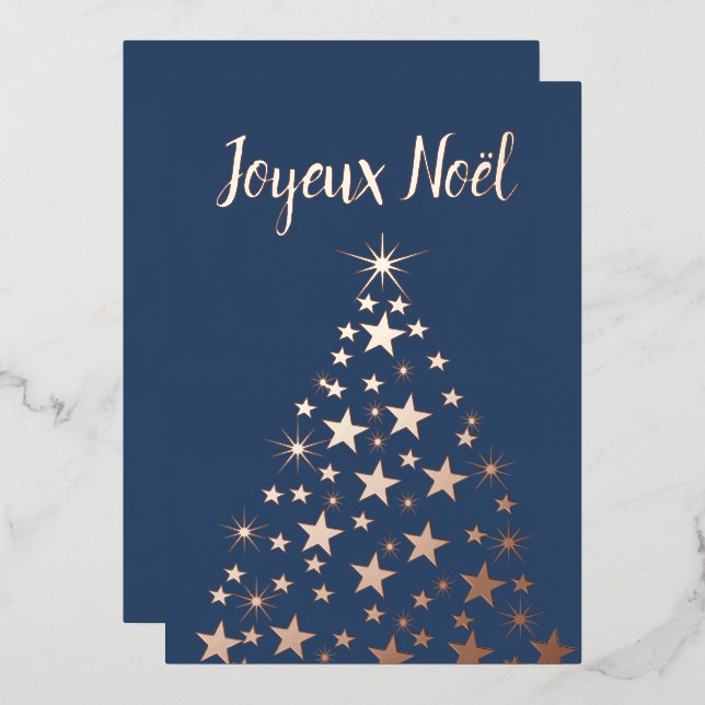 Joyeux Noel Christmas Tree Stars Rose Gold  Foil Holiday Card (Front/Back)