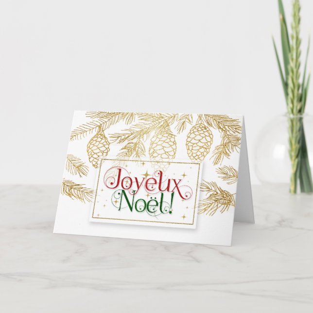 Joyeux Noel Christmas Typography Gold Pines Holiday Card (Front)
