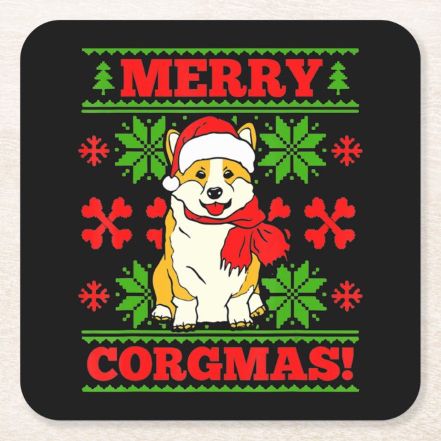 Joyeux Noël Corgmas Corgi Dog Square Paper Coaster (Front)