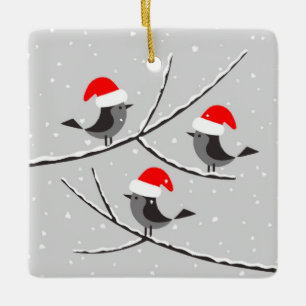 Joyeux Noël des oiseaux bonnet de Père Noël Ceramic Ornament