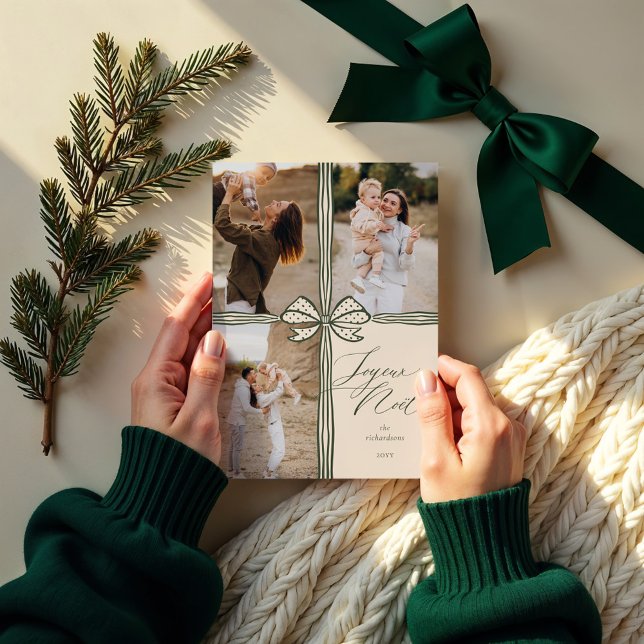 Joyeux Noël Elegant Bow Present Photo Collage Holiday Card (Joyeux Noël Elegant Bow Present Photo Collage Holiday Card)