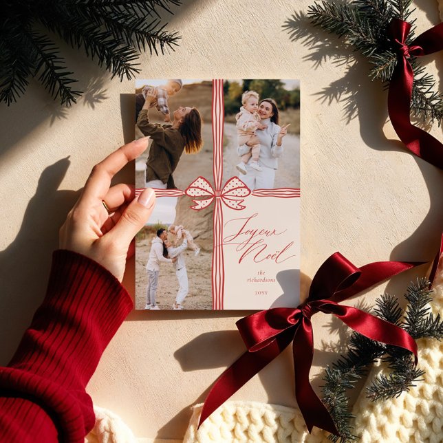 Joyeux Noël Elegant Bow Present Photo Collage Holiday Card (Joyeux Noël Elegant Bow Present Photo Collage Holiday Card)