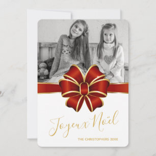 Joyeux Noel Elegant Red Gold Bow Photo Christmas Holiday Card