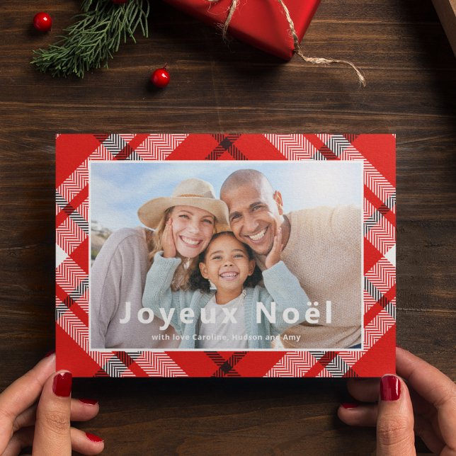 Joyeux Noël  Elegant Red Plaid Photo French (Creator Uploaded)