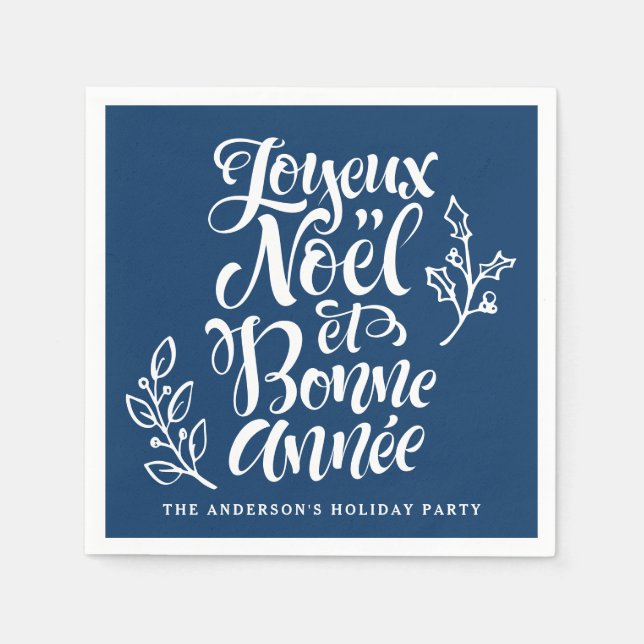 Joyeux Noël et Bonne Année Calligraphy Navy Blue Napkin (Front)