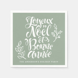 Joyeux Noël et Bonne Année Calligraphy Sage Green Napkin