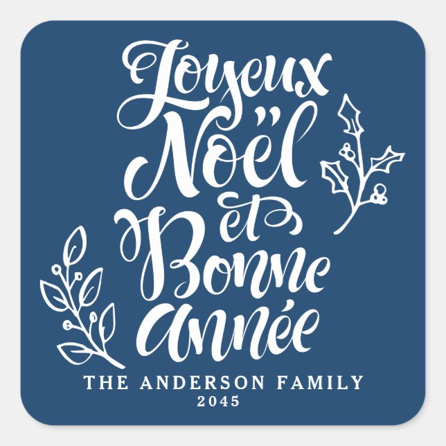 Joyeux Noël et Bonne Année Holiday Navy Blue Square Sticker (Front)