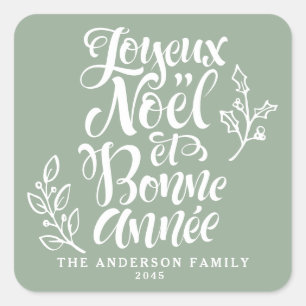 Joyeux Noël et Bonne Année Holiday Sage Green  Square Sticker