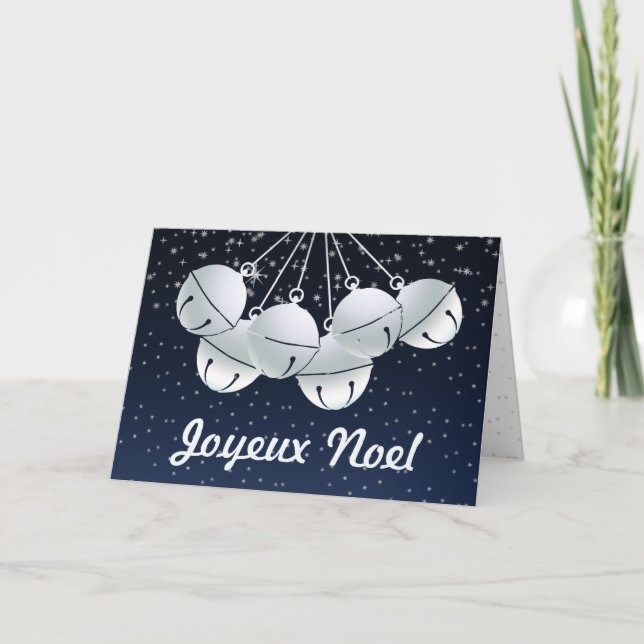 Joyeux Noel French Canadian Midnight Sky Bells Holiday Card (Front)