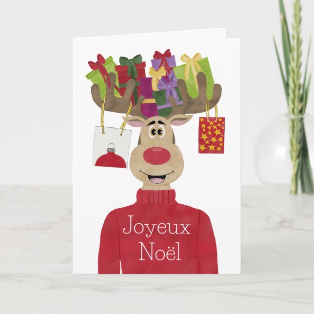 Joyeux Noël, French Christmas Gifts Reindeer Holiday Card (Front)