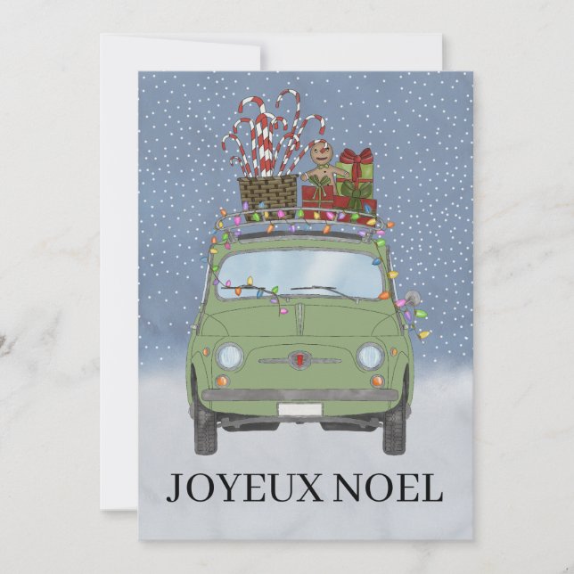 Joyeux noël French Christmas Green Fiat 500  Holiday Card (Front)